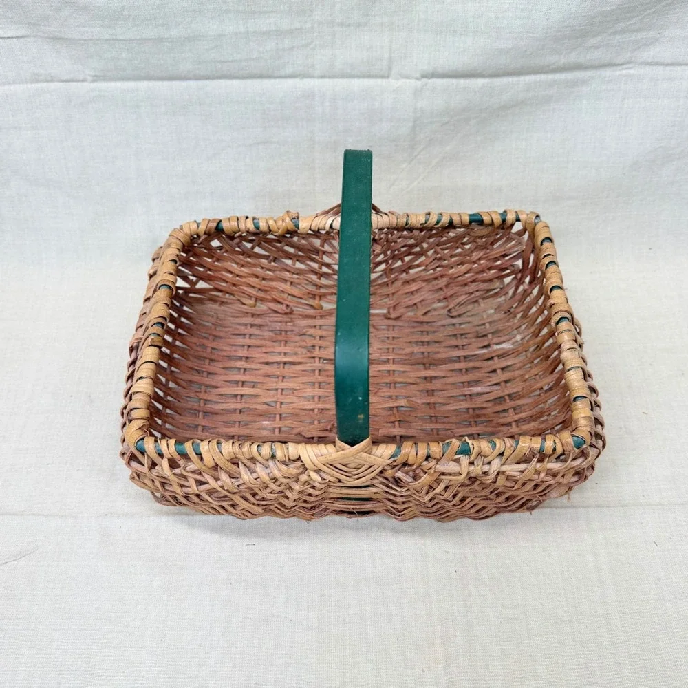 Vintage Wicker Gathering Basket Green Handle Cottage Decor Organizer 1970s
